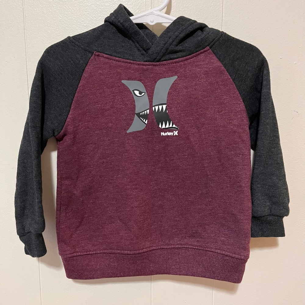 Hurley Baby Boy Burgundy Grey Fleece Lined Shark Hoodie Size 18 M